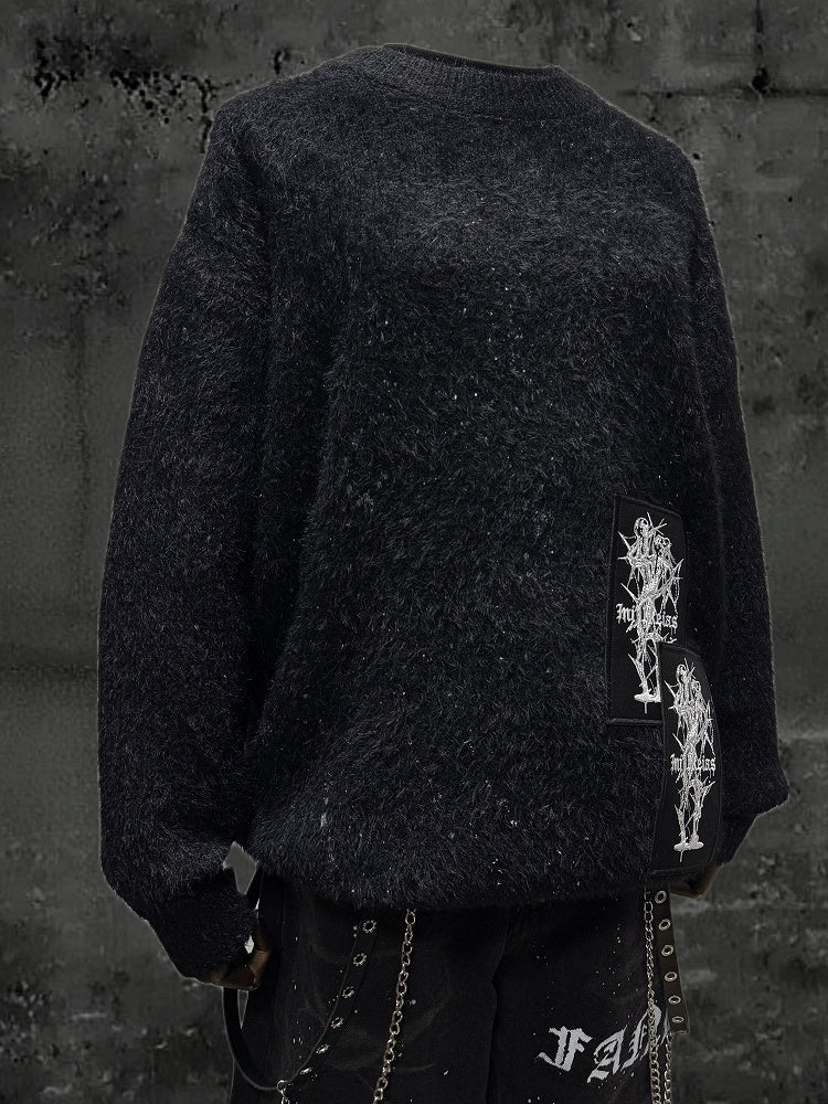 Appliques Punk Pullover Black Vibes Rock - Edgy Sweater Embroidered