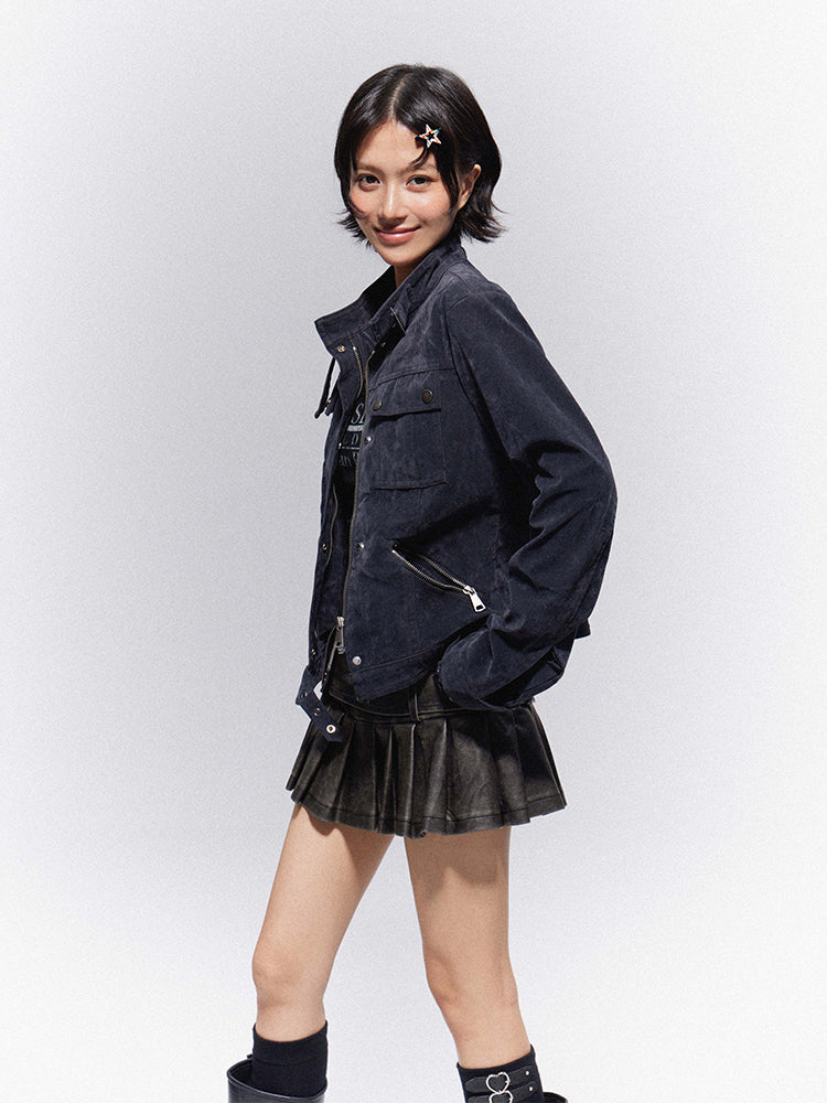 PU Black Pleated Embroidered Floral Skirt Punk Mini with