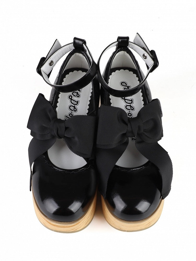 Platforms Leather Horse Sole Wood Grain Black PU Sweet - Rocking in Detachable Bow Lolita