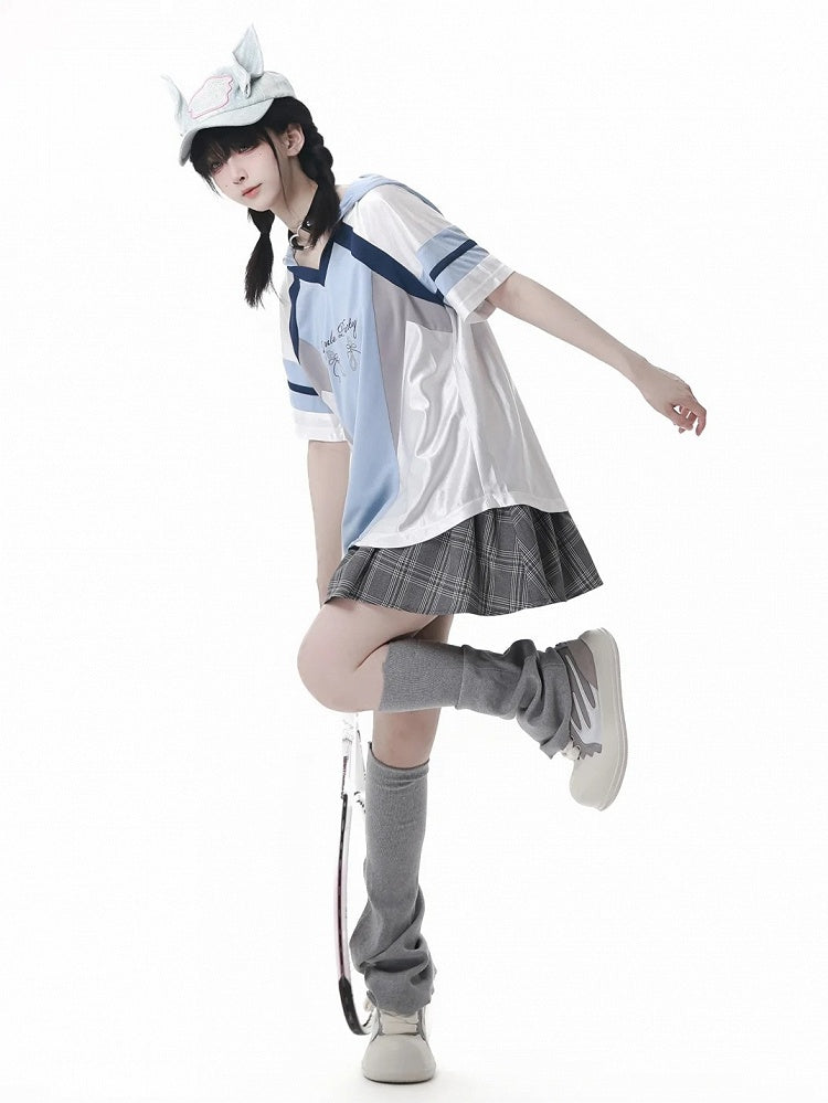 Blue Colorblock Design V-neck Blokette Core Hooded T-shirt