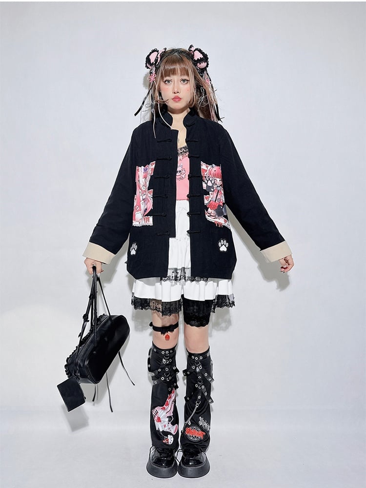 Black Cartoon Anime Banded Collar Oversized Top