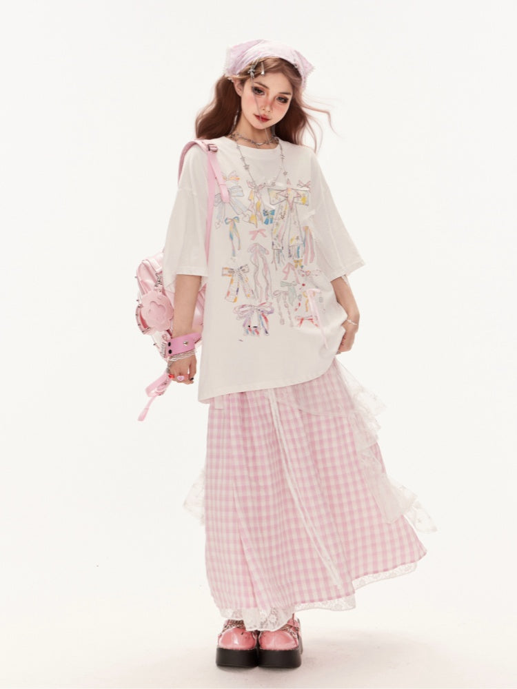 White Round Neck Bowknots Print Summer Loose T-Shirt