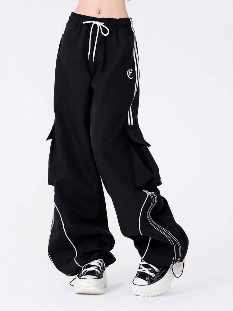Black Drawstring Wide-Leg Cargo Pants with Side Utility Pockets