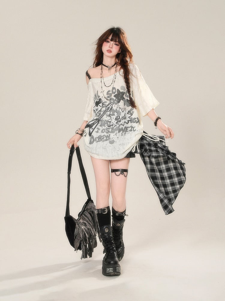 Lace Top Drawstring Graffiti Waist Apricot Print Asymmetrical Neckline