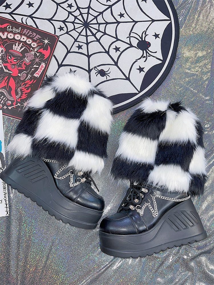 Y2K 25cm チェック柄シャギーレッグウォーマー