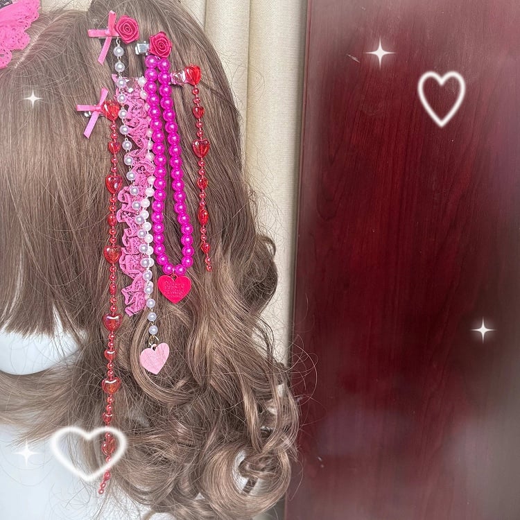 Hairclip Fashion Rose Bead Pink with Mini Hat Gyaru Heart Hot Chain Hime Set