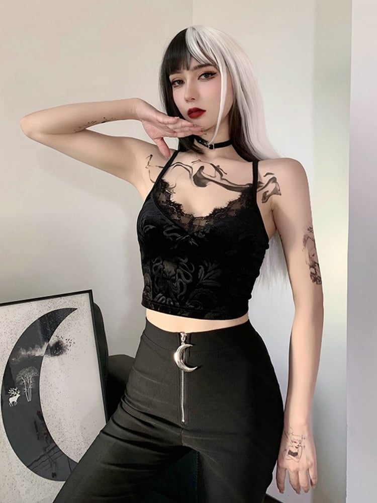 Black Flocked Top Trim with Halloween Lace Gothic Cami Neckline