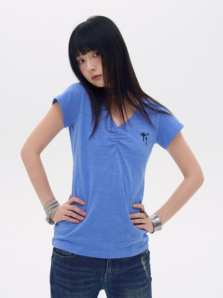 Sky Blue Cotton V-Neck Tee with Key Embroidery - innomoood