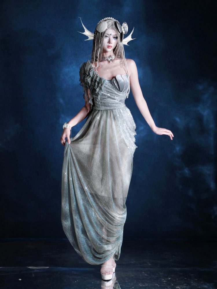 Shimmer Siren Asymmetrischer Ausschnitt Goth Cascading Rüschen Kleid Fee