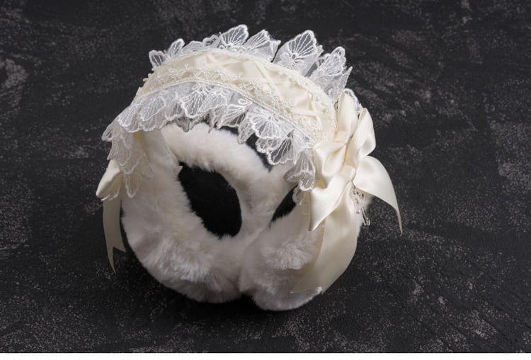 ホワイトハンドメイドのリボンクロスレーストリムプラッシュイヤーマフ