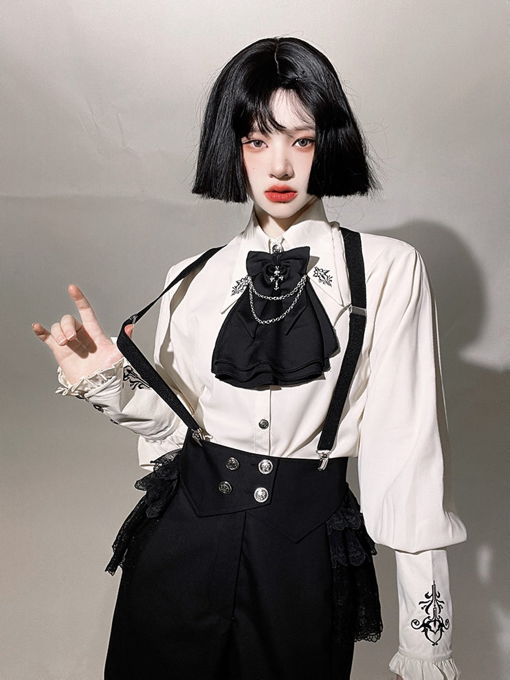 Black Decorated and Cross Chain Jabot Bowknot