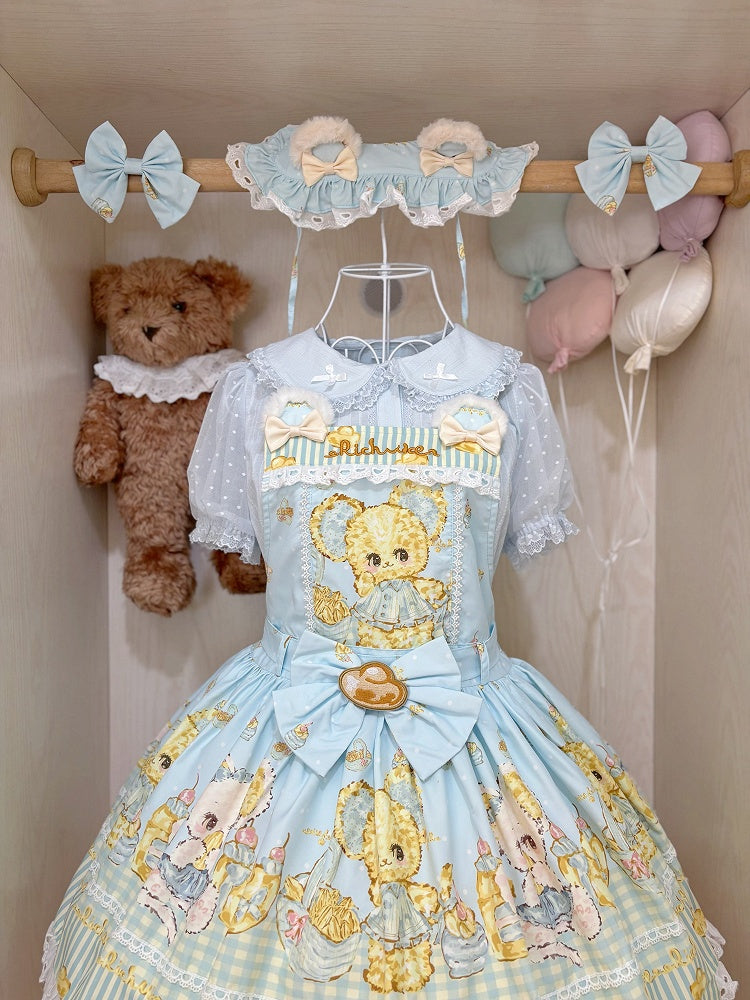 Gold Overall Lolita Dress Ingot and Sweet Mouse Print Blue