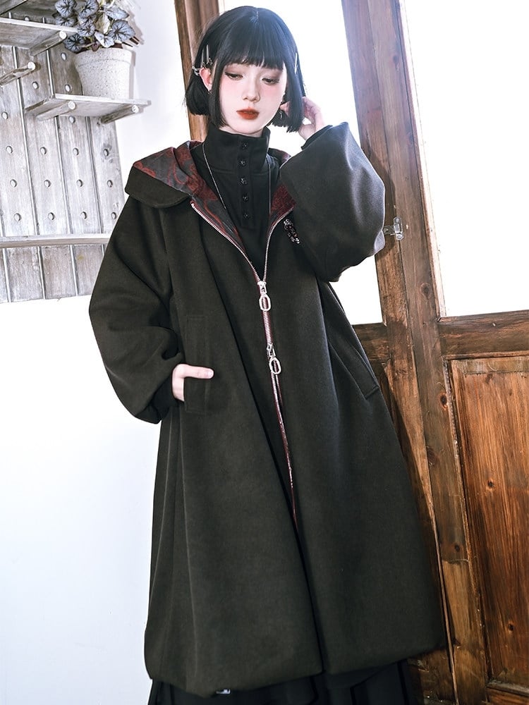 Floral Black - with Print Hooded Zipper Front Gothic Bubble Hem Coat