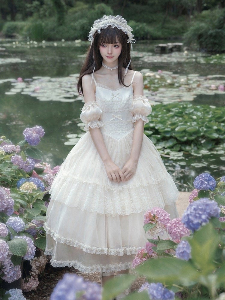 Beige Thin Strap Princess Lolita JSK Tiered Long Dress - With PUJI