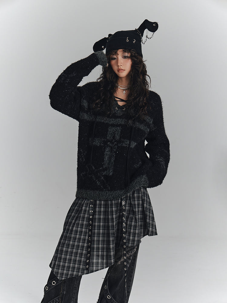 Lace-up Black Print with Crisscross Gray Sweater Cross Punk V-Neck