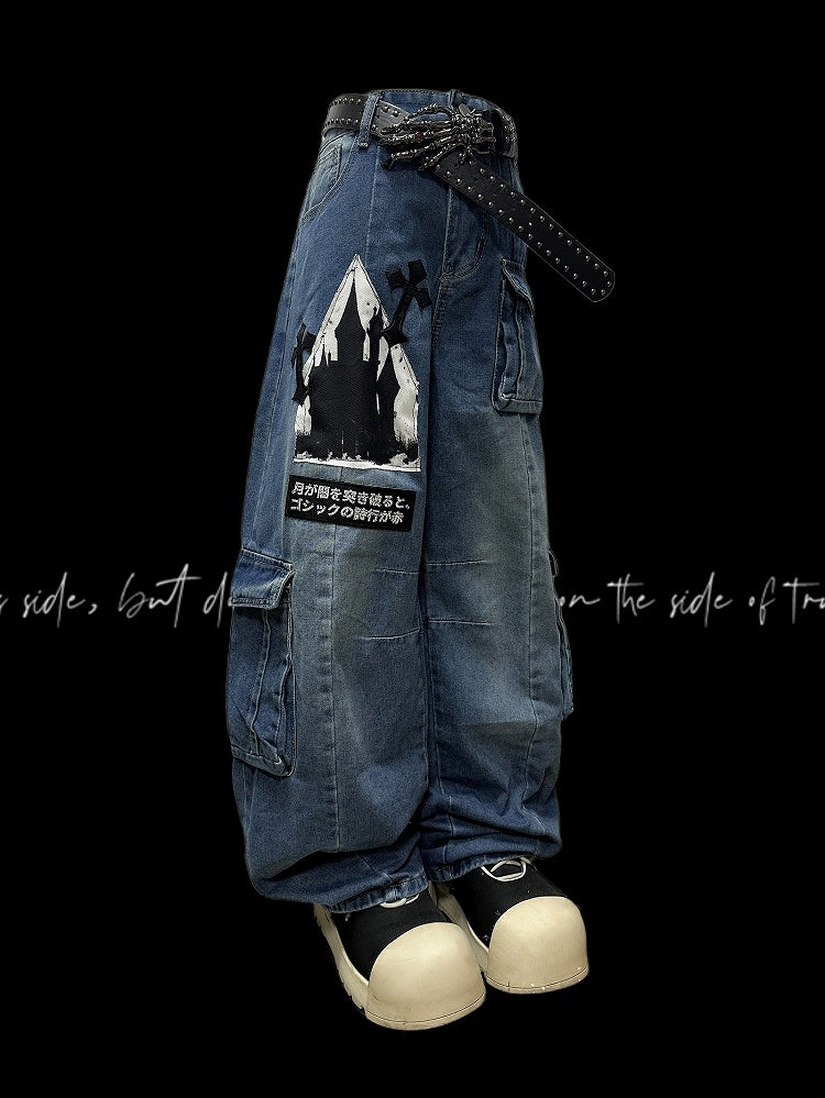 Decorated Cut Jeans Cargo Y2K Letter Pockets Blue Wide-leg Applique