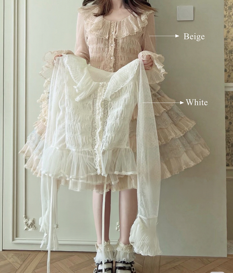 with Sleeves Lolita Elegant Ruffled White Hem Long Blouse