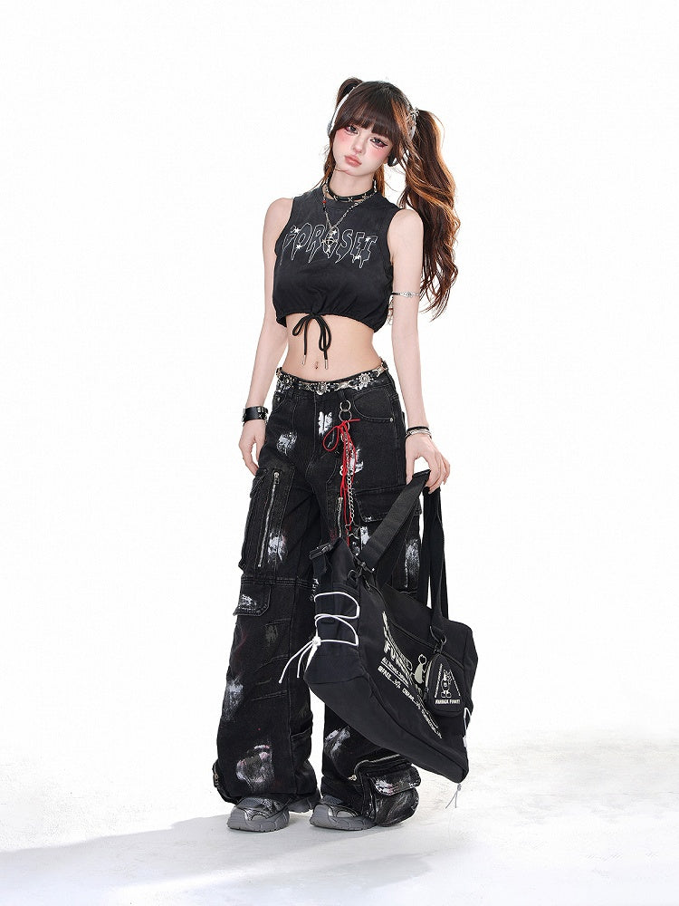 Schwarzes, glamouröses kurzes Tanktop mit Buchstaben