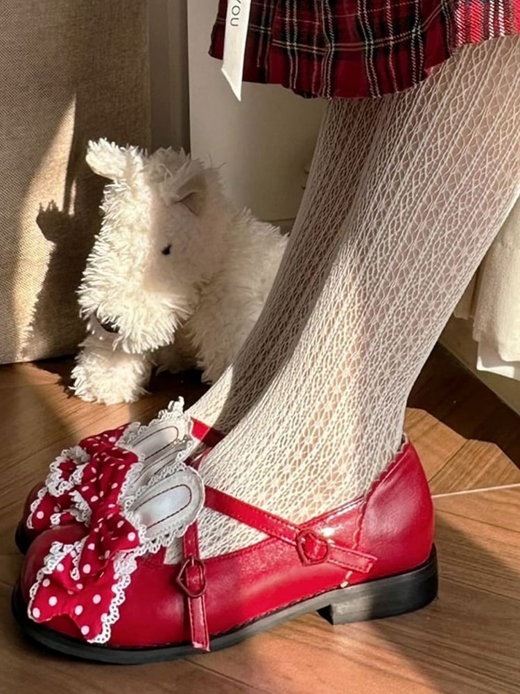 Ohr Red Bunny Lolita Polka-dot Muster Schuhe an Crisscross Top Design Schleife