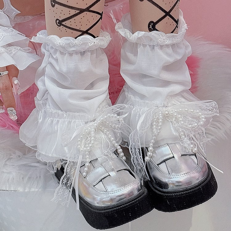 Perlenbesetzte weiße Spitze verzierte Ärmelbesatz Beinschleife Y2K