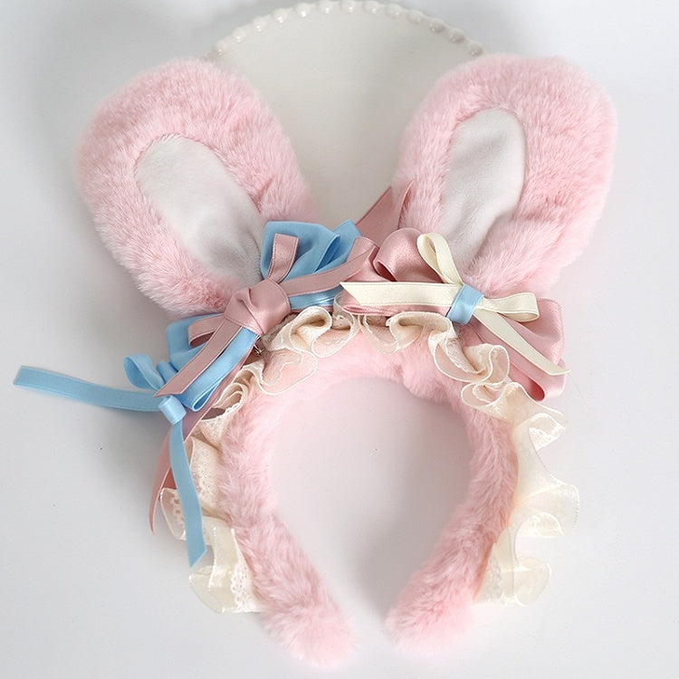 Bowknot Pink with Blue KC Ears Details Plush Cute Bunny Lolita