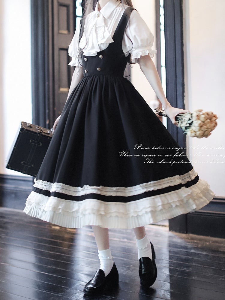 Schwarzes Overallkleid im Preppy-Stil mit hoher Taille und beigem Spitzenbesatz