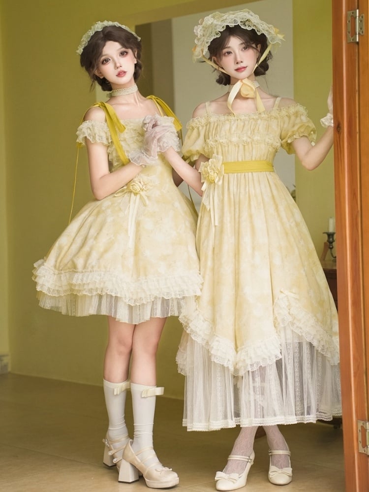 Light Yellow High Waist Mesh Panels Scalloped Edge Hem Dress Lolita OP Full Set - With PUJI