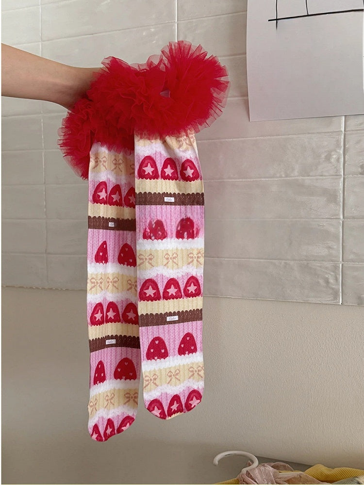 Ruffle with Tulle Stockings Trim Sweet Bow Strawberry Pattern