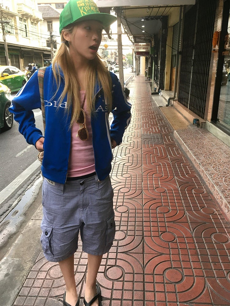 Neck Embroidery Lettering Stripe Jacket Zip Blue Mock with Trim