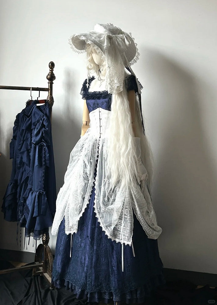 Weißer Gothic Lolita Korsettgürtel mit Tunnelzug-Design und Kathedralen-Stickerei-Overlay