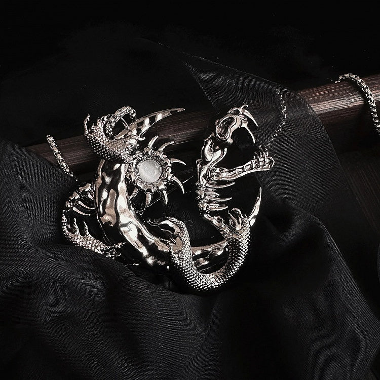 Silver Snake Bones and Moon Pendant Necklace
