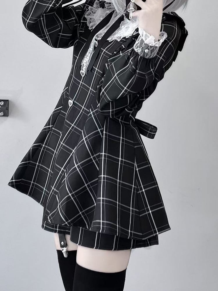 Embellished Mini Dress+Shorts Heart Waist Flutter Jirai Kei Black White Plaid High Sleeves Set