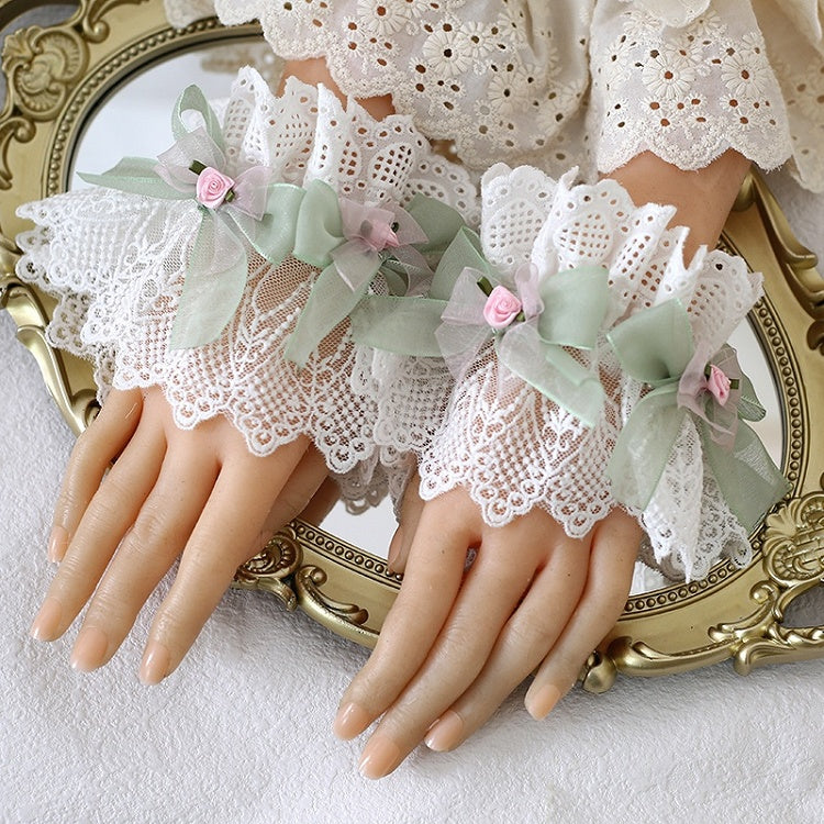 Lace Cuffs Cute Fresh Green Bowknot Camellias Wrist With Pink Lolita White