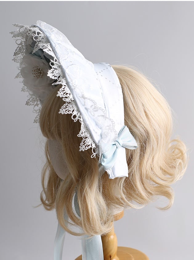 Flower Blue With Lolita Lace-Trimmed Gorgeous Sweet Light Bows Bonnet