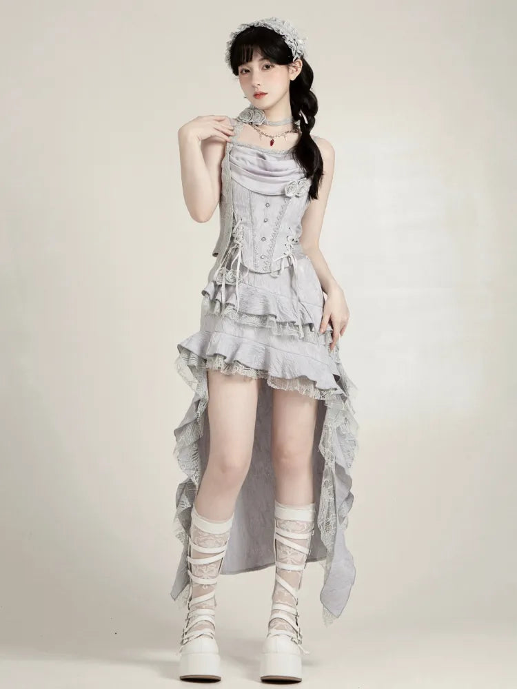 シルバーグレーのカウルネックラインのボーン入りコルセットトップ