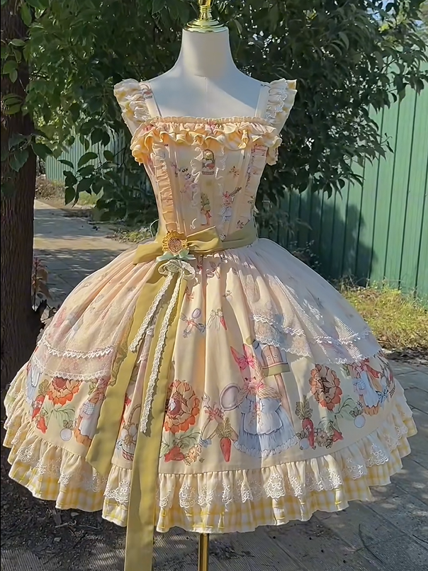 Lolita Overlay Sweet Plaid Bunny Print with and Yellow Dress JSK Sunflower Hem