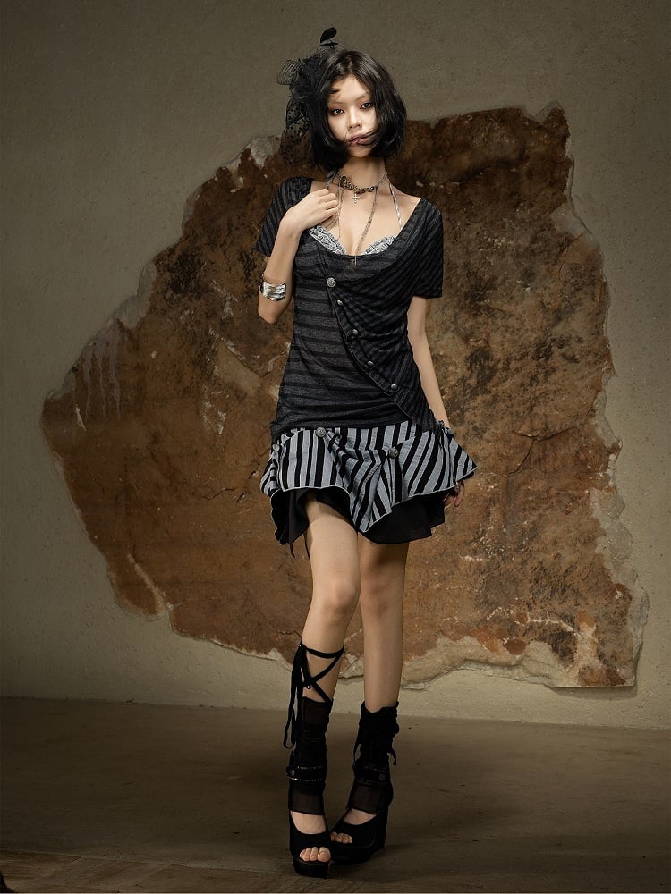 Vintage Punk Black and Gray Striped Cowl Neck Short Sleeve Top with Asymmetrical Cut - ARIADNAw