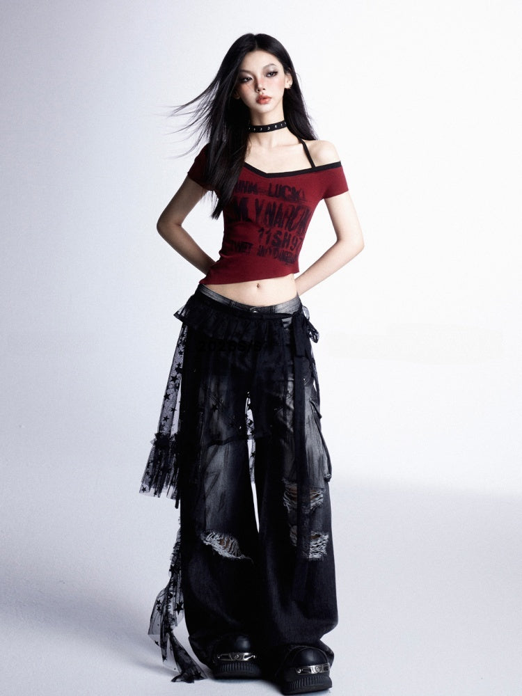 Glamorous Accessory with Hem Strap Black Lace Asymmetrical Self-tie