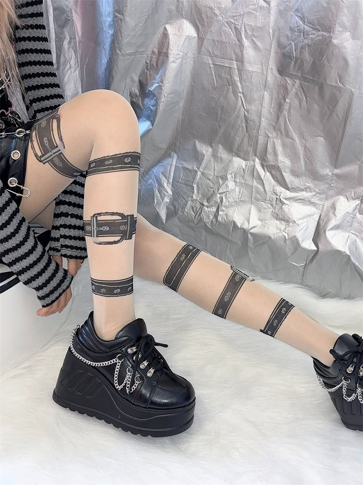 Black/Nude Color Buckle Straps Print Punk Tights