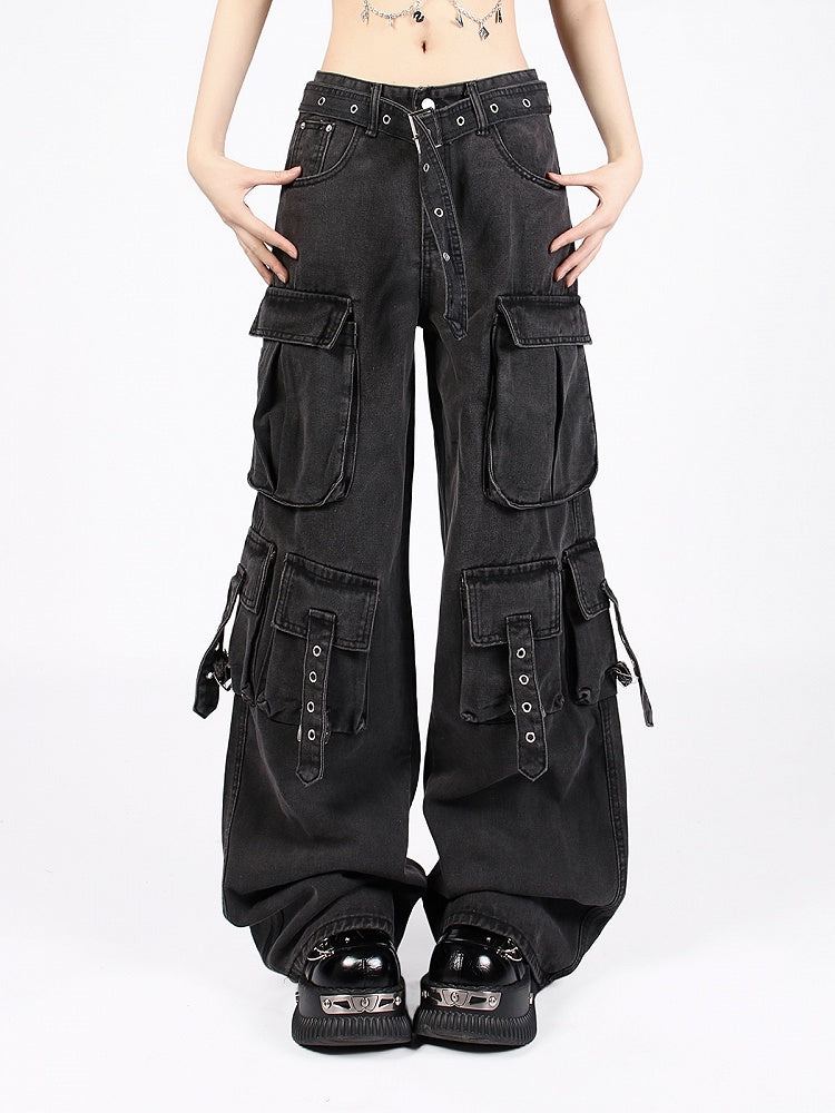 Blue/Black Multi-Pocket Utility Cargo Jeans with Hanging Strap Design