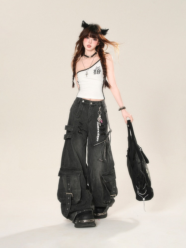 Cargo Pockets Black Distressed Holes Buckle Wide-Leg Jeans Straps