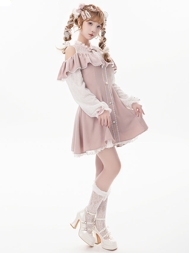 Rosa Illusionsausschnitt, ausgeschnittene Schulter, Jirai Kei-Kleid mit langen Ärmeln und Fliege