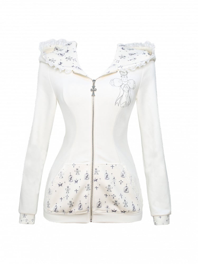 Hoodie Design Print Long - Bunny-Ear Cross Sleeve Trim White Lace