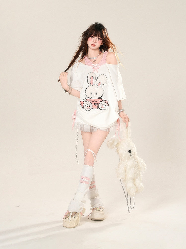 T-Shirt Muster Entzückende Ausschnitt Schulter Kordelzug Taille Bunny Weiß Lose