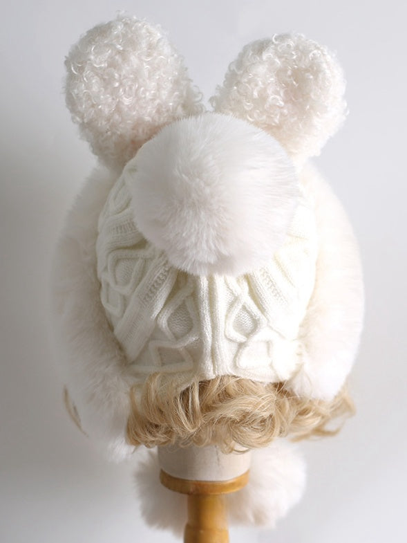 White Sweet Lolita Bunny Ears Knitted Plush Hat With Pompons