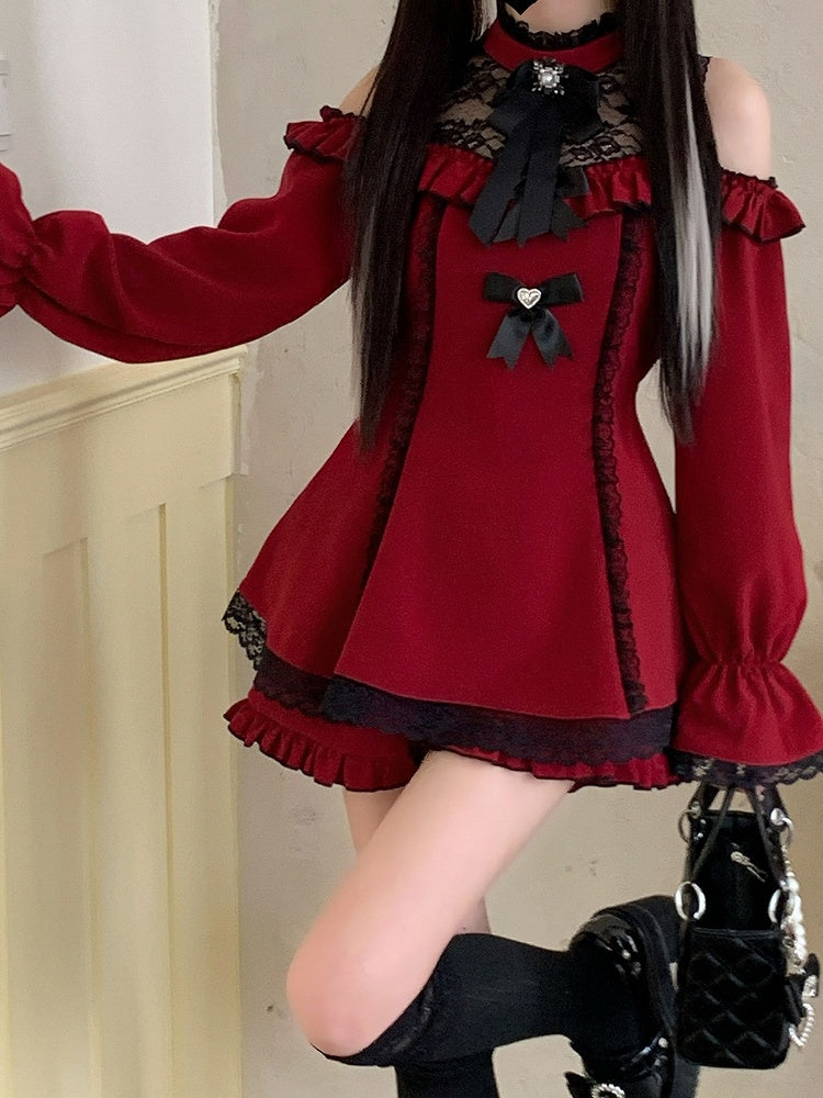 ヘムジライケイ ブラックセット ショートパンツ ミニネックライン カットアウトショルダー イリュージョンスカート ドレス レッド フリル