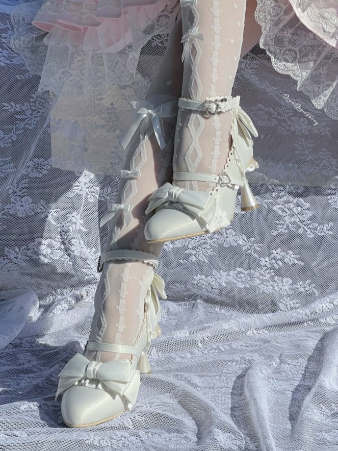 Sophisticated Pumps Bow - Heel with White Details Accents Design Lolita Shaped Ruffle Uniquely
