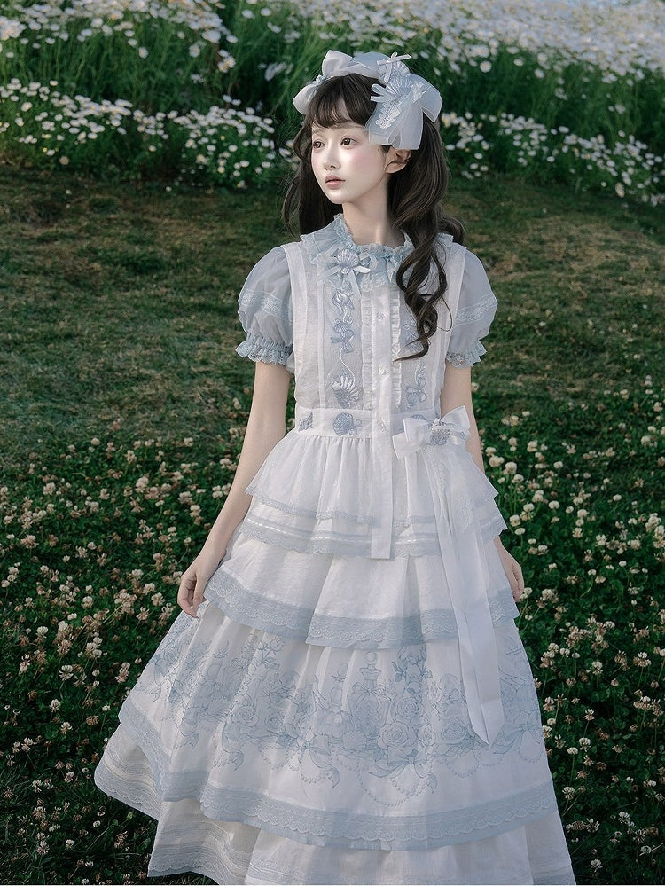 Layered Blue & White Lace Tencel Skirt with Floral Print - Yimu Walnut