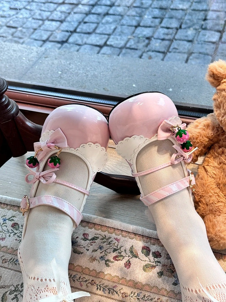 Charms Bell Snap Pink with Lolita Shoes Low-heel Sweet Removable Strawberry-shaped Strawberry