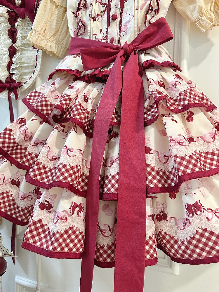 レッドギンガムチェックのピーターパンカラートップスとチェリー柄のティアードスカートセット
